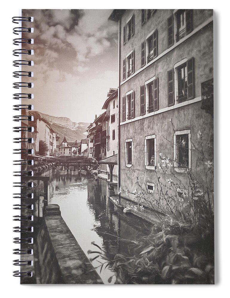 Annecy Spiral Notebook featuring the photograph Annecy France European Canal Scenes Vintage Style by Carol Japp