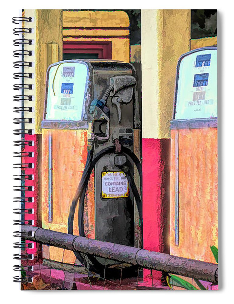 Abstract Gas Pumps Los Alamos California Spiral Notebook featuring the photograph Antique Gas Pumps at The Station by Barbara Snyder