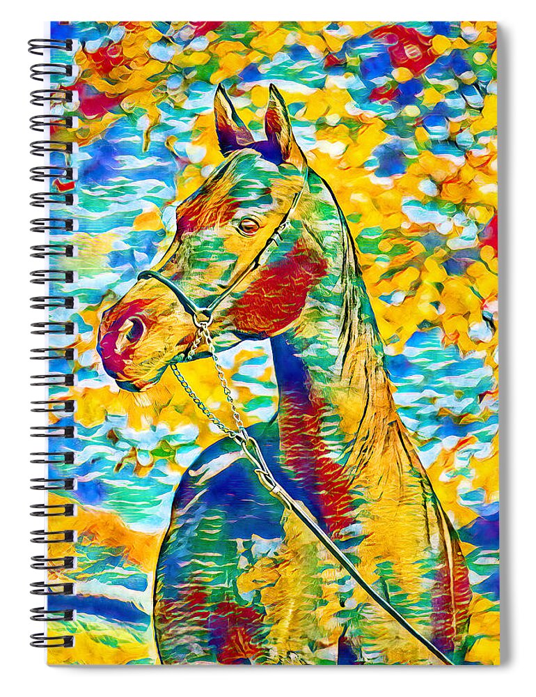 Arabian Horse Spiral Notebook featuring the digital art Arabian horse colorful portrait in blue, cyan, green, yellow and red by Nicko Prints