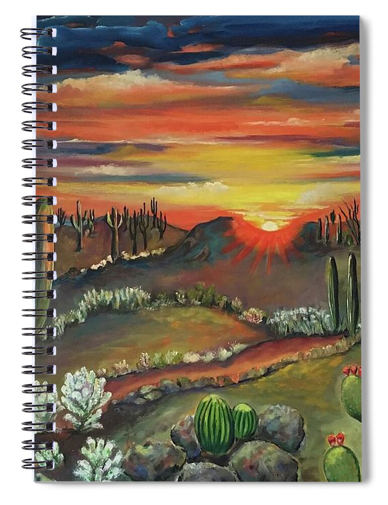 Arizona Desert Sunset Oil Painting By Maria Karlosak . Beautiful Saguaro Spiral Notebook featuring the painting Arizona desert by Maria Karlosak