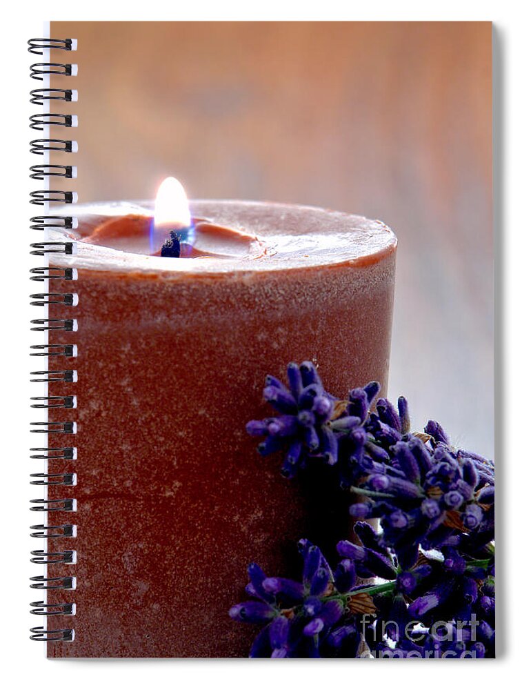 Aromatherapy Spiral Notebook featuring the photograph Aromatherapy Candle and Lavender Flowers in a Spa by Olivier Le Queinec