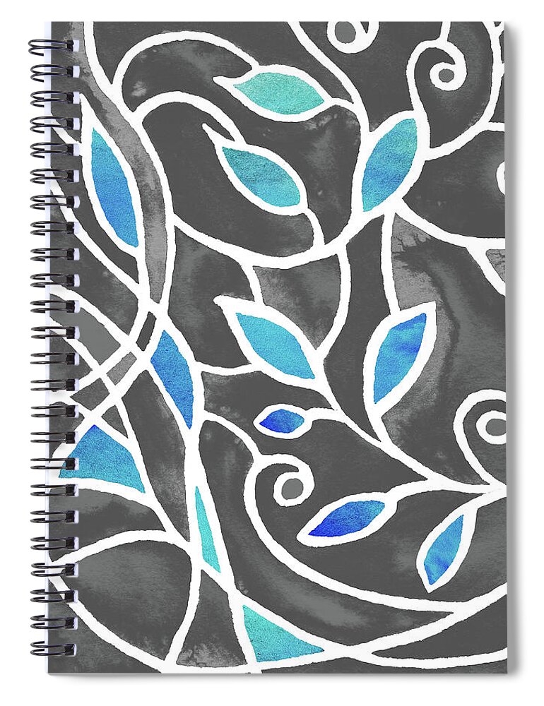 Blue Gray Spiral Notebook featuring the painting Art Nouveau Batik Style Leaves And Lines Teal Gray Pattern Watercolor by Irina Sztukowski