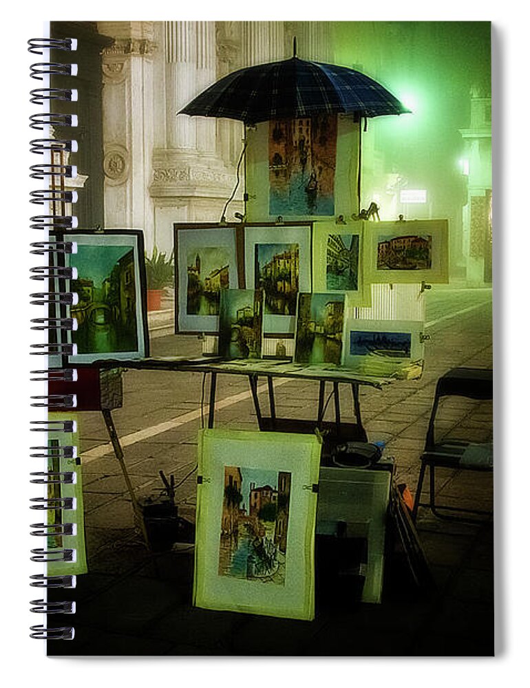 Venice Spiral Notebook featuring the photograph Art stand in Venice by night by Wolfgang Stocker