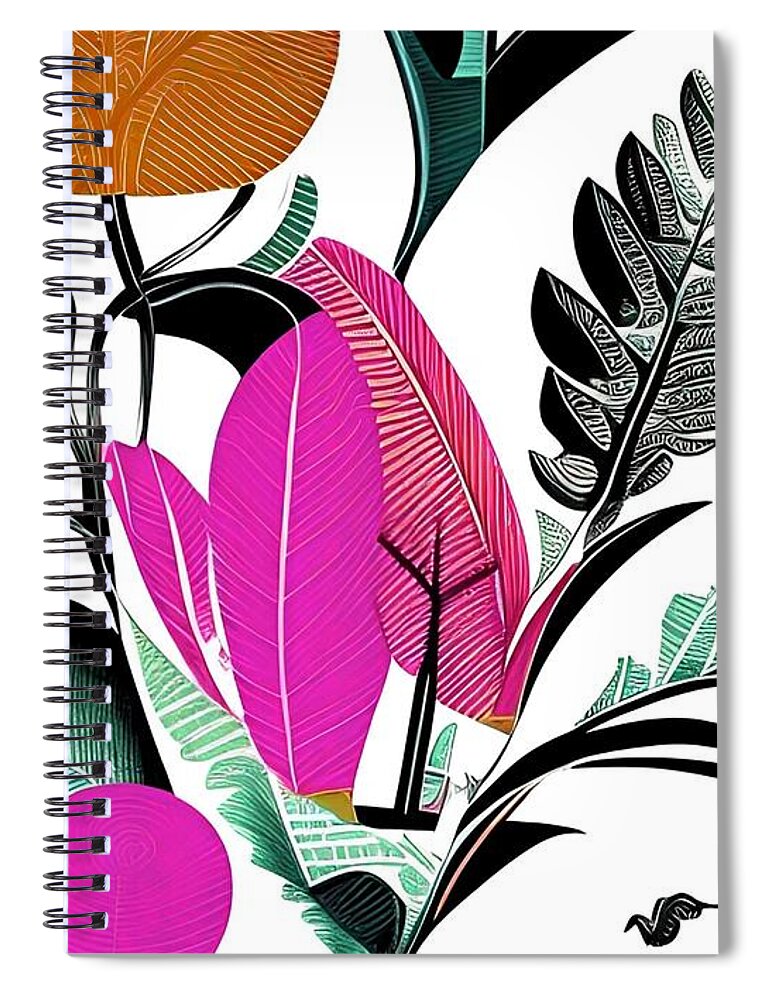 Botanical Spiral Notebook featuring the digital art Artsy Botanical - maroon turquoise ginger brown fucshia art and home decor by Bonnie Bruno