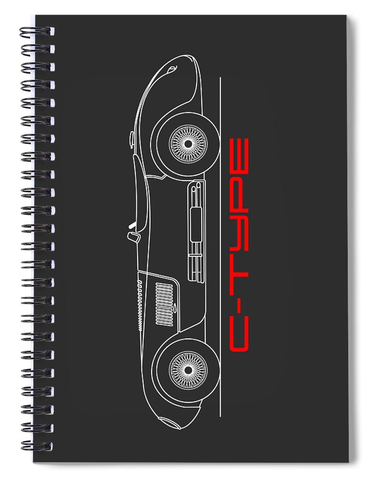 Jaguar C-type Spiral Notebook featuring the photograph The C-Type Blueprint in Black by Mark Rogan