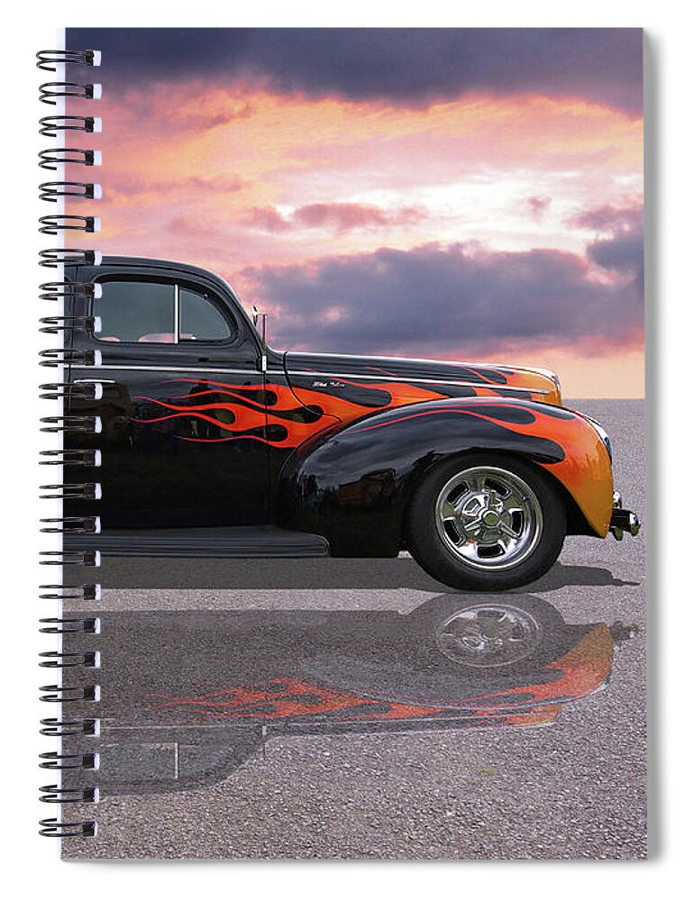 Hotrod Spiral Notebook featuring the photograph Reflections Of A 1940 Ford Deluxe Hot Rod With Flames by Gill Billington