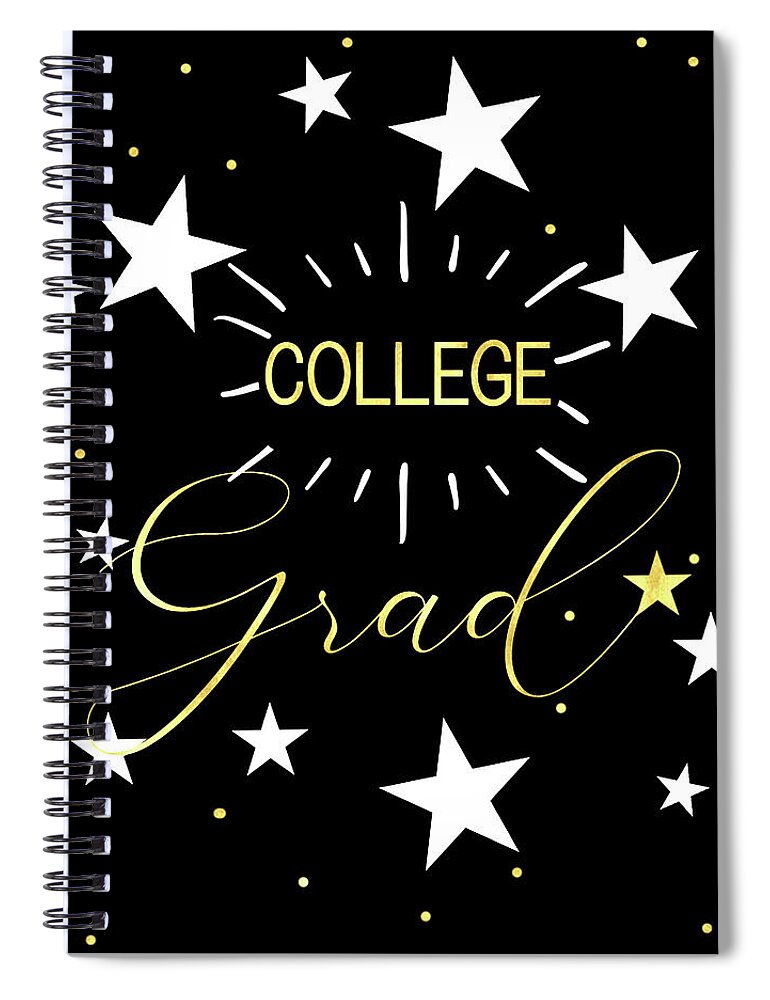 Graduate Spiral Notebook featuring the digital art College Graduation Black Gold and White Stars Typography Theme by Doreen Erhardt