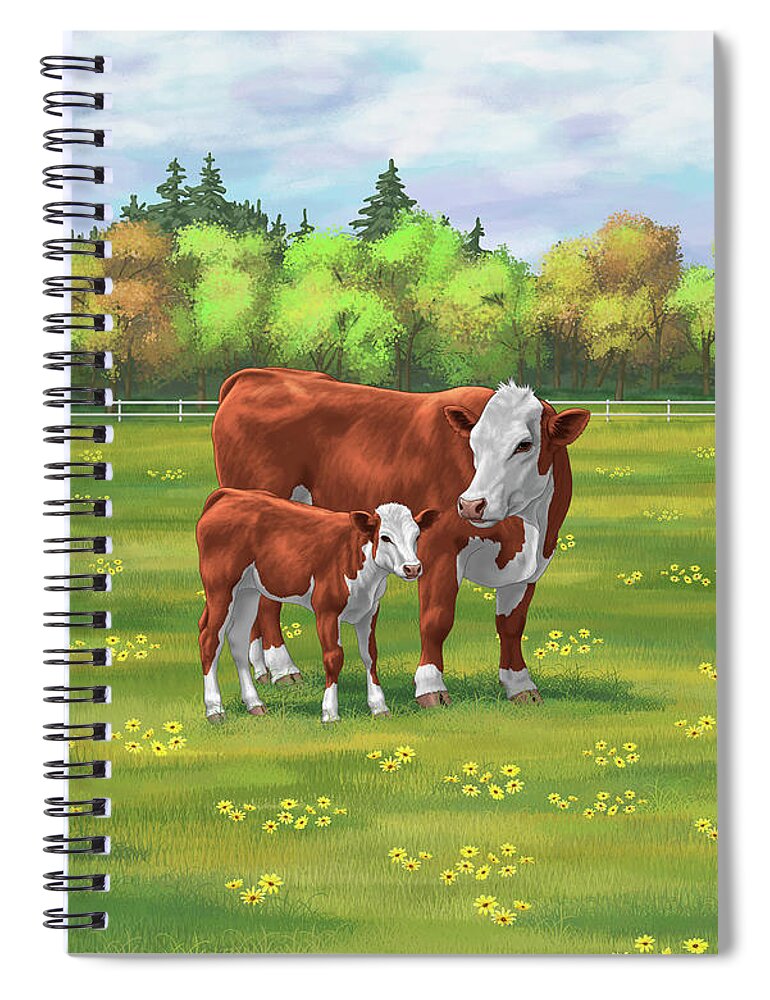 Cows Spiral Notebook featuring the painting Hereford Cow and Cute Calf in Summer Pasture by Crista Forest