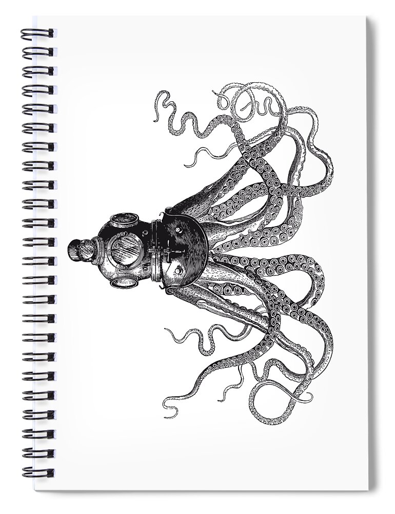 Octopus Spiral Notebook featuring the digital art Octopus in Diving Helmet by Eclectic at Heart