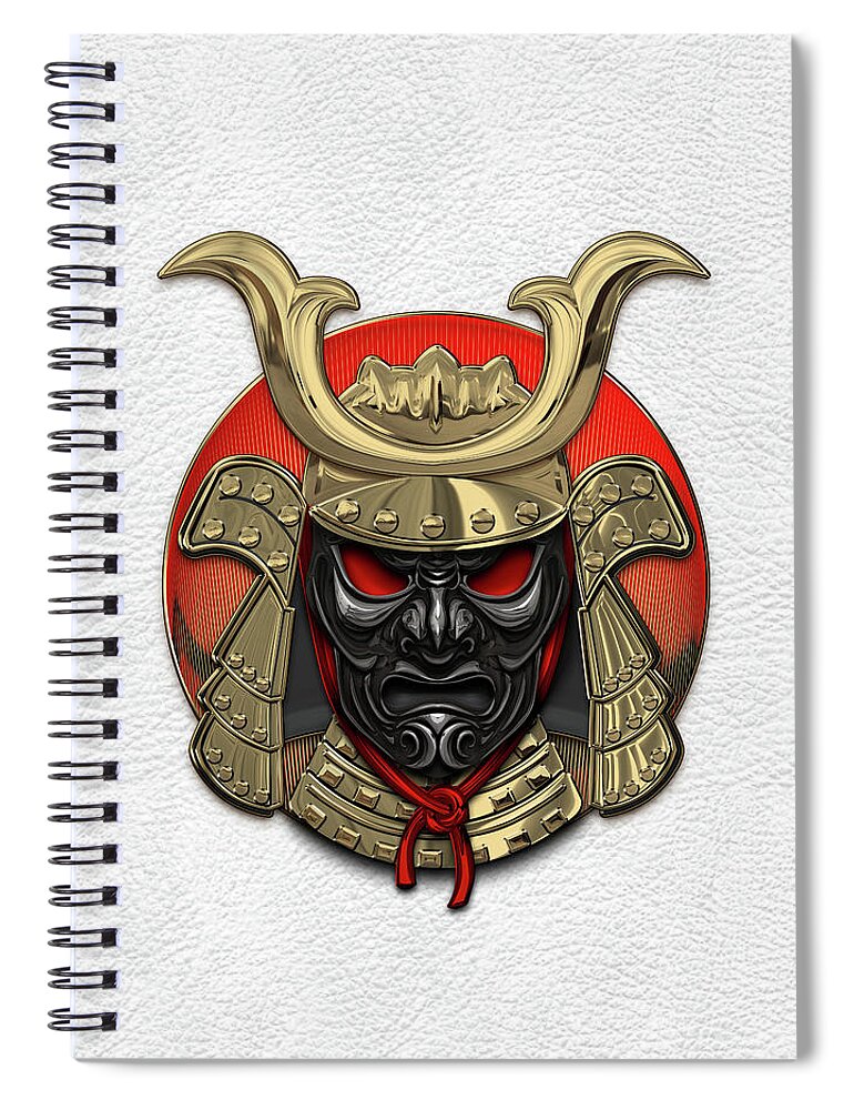 'treasures Of Japan’ Collection By Serge Averbukh Spiral Notebook featuring the digital art Japanese Samurai Domaru Armor Headgear - Gold Samurai Helmet with Black Face Mask over White Leather by Serge Averbukh