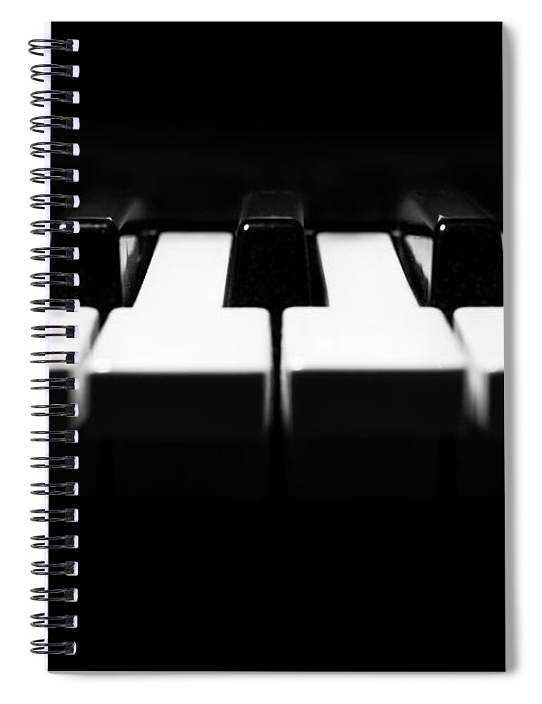 Piano Spiral Notebook featuring the photograph Close Up of Piano Keyboard in Minimal Black and White by Andreea Eva Herczegh