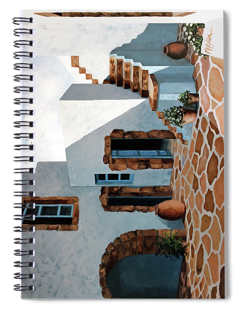 Stone Patio Spiral Notebook featuring the painting PATIO IN PATMOS, Greece, Prints of Painting by Mary Grden
