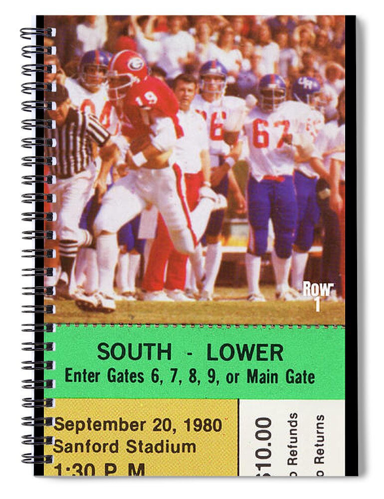 Georgia Spiral Notebook featuring the mixed media 1980 Georgia vs. Clemson Football Ticket Art by Row One Brand