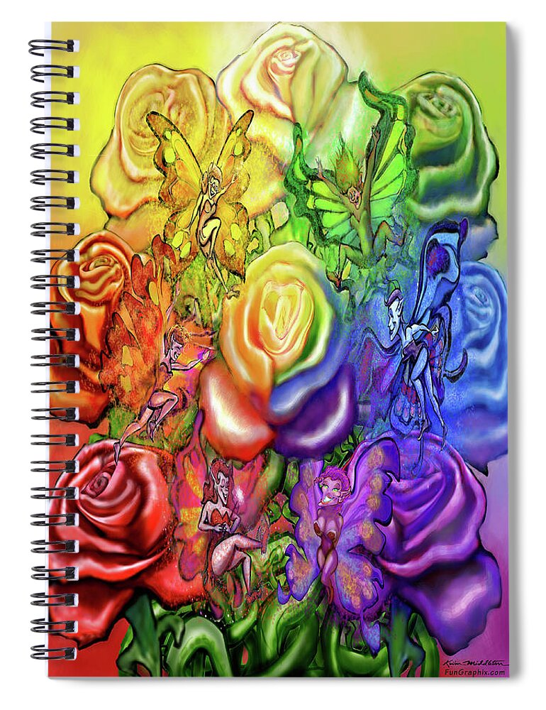 Rainbow Spiral Notebook featuring the digital art Roses Rainbow Pixies by Kevin Middleton