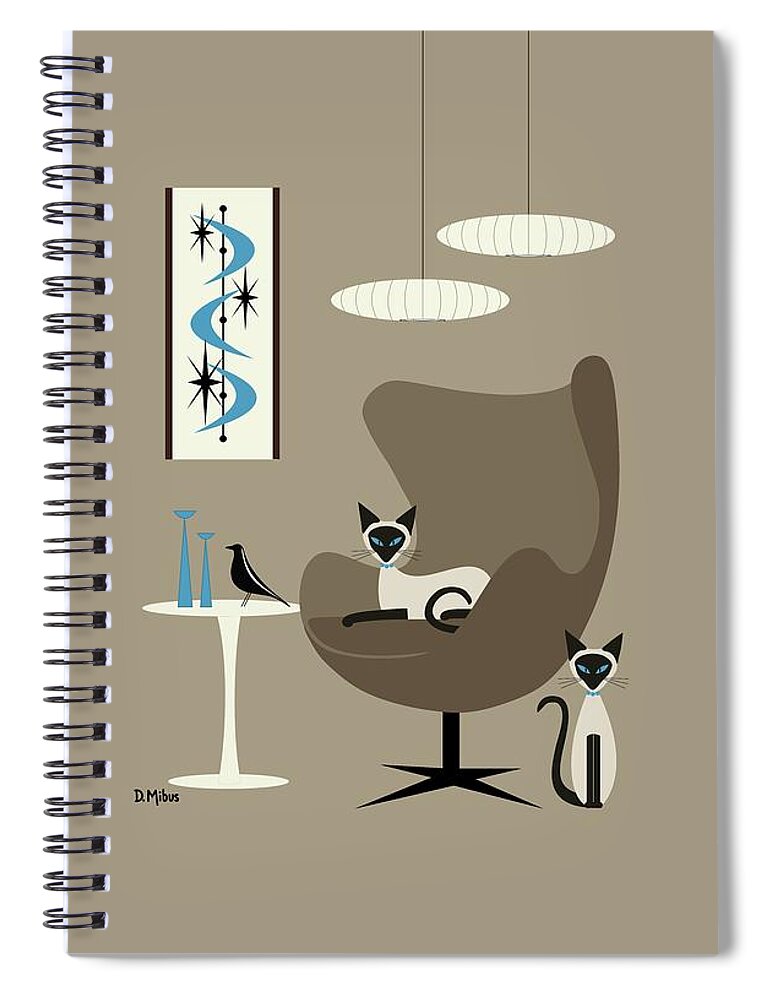 Mid Century Cat Spiral Notebook featuring the digital art Two Siamese in Mid Century Brown Chair by Donna Mibus
