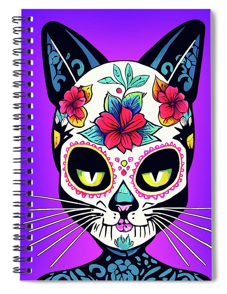 Day Of The Dead Spiral Notebook featuring the digital art Colorful Cat Sugar Skull by Mark Tisdale