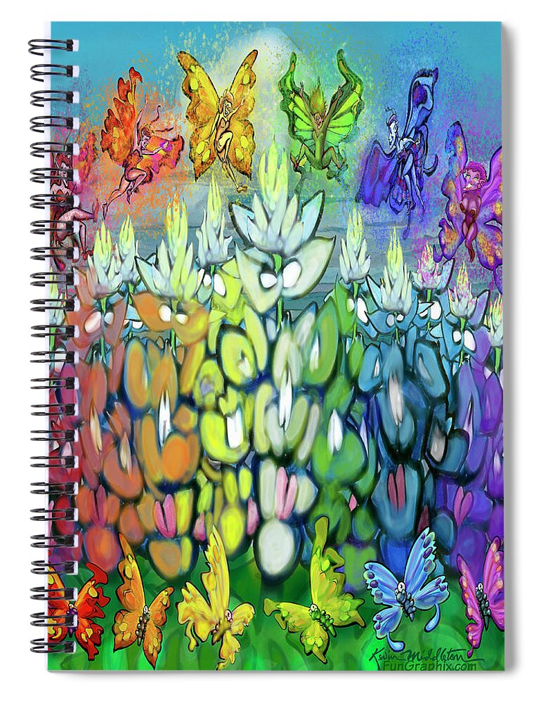 Rainbow Spiral Notebook featuring the digital art Rainbow Bluebonnets Scene w Pixies by Kevin Middleton