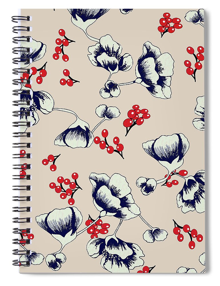 Asian Spiral Notebook featuring the digital art Asian Blossoms with Red Berries by Sand And Chi