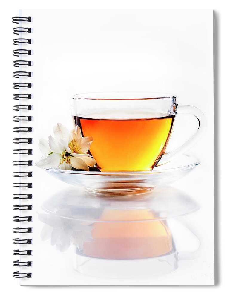 Tea Spiral Notebook featuring the photograph Asian green tea with jasmine flower in transparent teacup isolat by Jelena Jovanovic