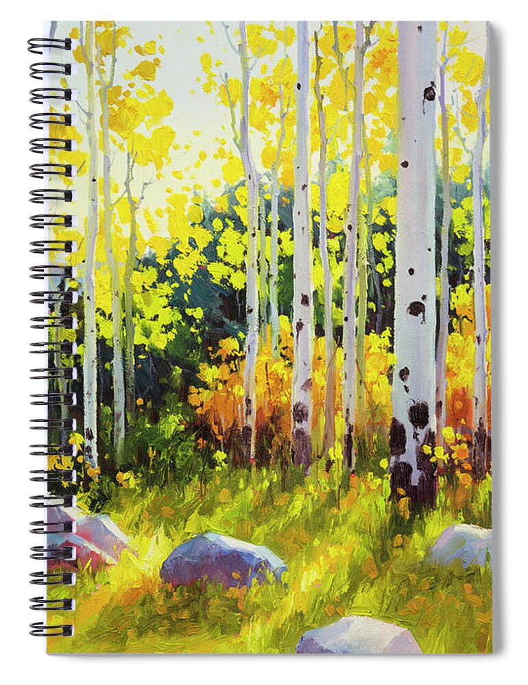 Original Oil Aspen Birch Tree Landscape Painting Large Stretched Canvas Modern Forest Light Healing Commission Art Master Artist Gary Kim Large Painting Aspen Spiral Notebook featuring the painting Aspen Vista Sunset 2 by Gary Kim