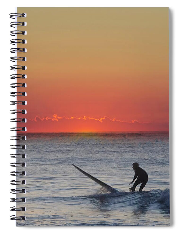 Sunrise Spiral Notebook featuring the photograph At Sunrise - Surfer in Ocean City New Jersey by Bill Cannon
