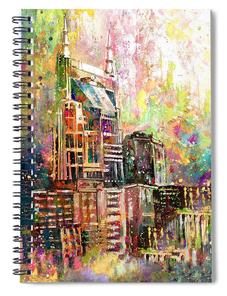 Travel Spiral Notebook featuring the painting ATT Building Collage In Nashville by Miki De Goodaboom