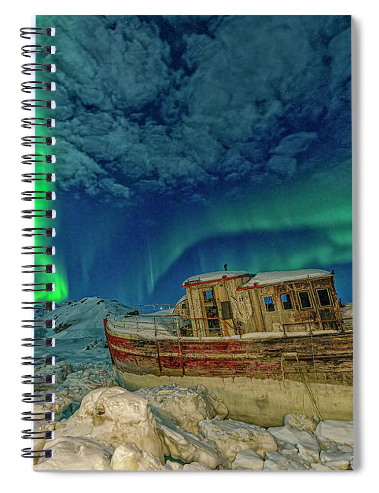 00648338 Spiral Notebook featuring the photograph Aurora Borealis and Boat by Shane P White