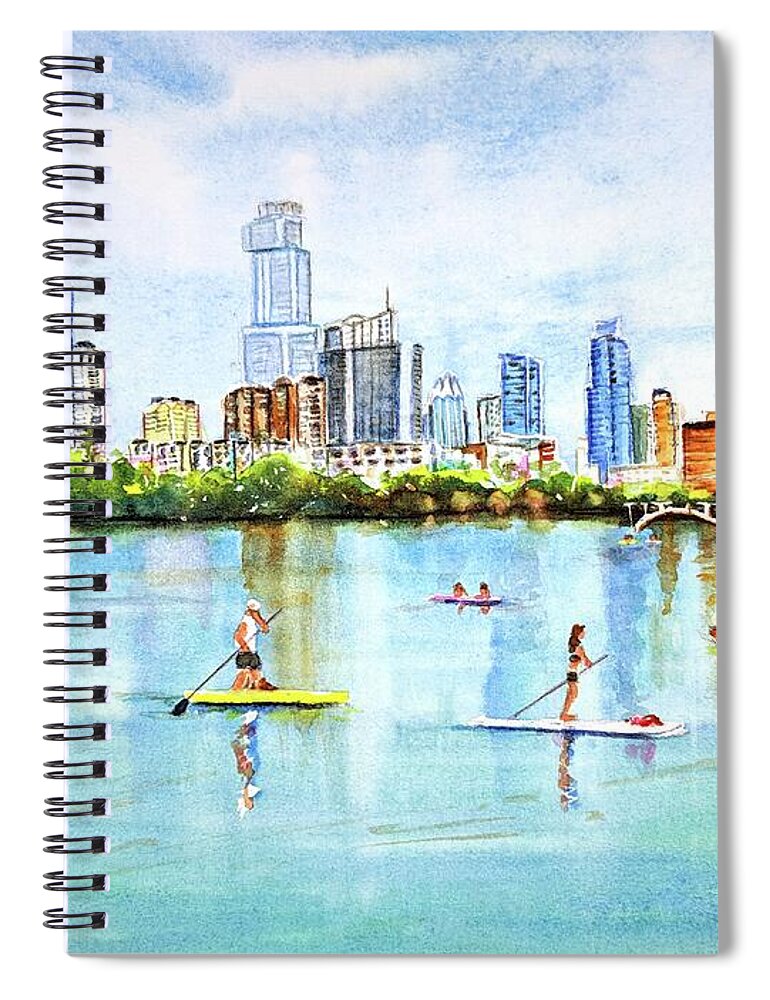Austin Spiral Notebook featuring the painting Austin Texas Skyline from Lou Neff Point by Carlin Blahnik CarlinArtWatercolor