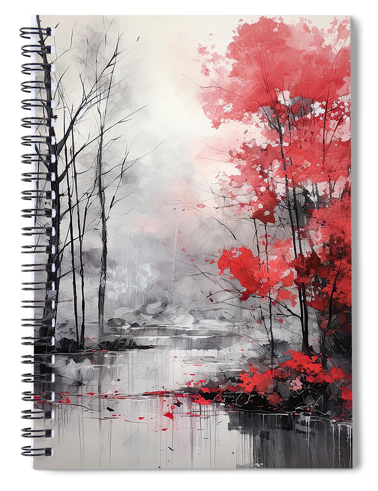 Gray And Red Art Spiral Notebook featuring the painting Autumn Embrace in Red and Gray by Lourry Legarde
