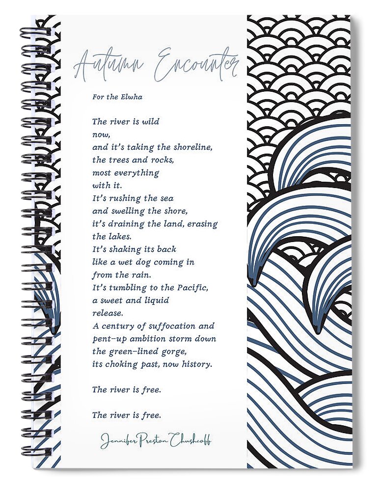 Japanese Woodblock Print Modern Sea Waves Graphic Bold Design Poem Print Original By Jennifer Preston Chushcoff Spiral Notebook featuring the digital art Autumn Encounter by Jennifer Preston