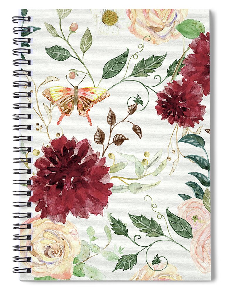 Modern Bohemian Floral Spiral Notebook featuring the painting Autumn Fall Burgundy Blush Floral Butterfly w Foliage Greenery by Audrey Jeanne Roberts