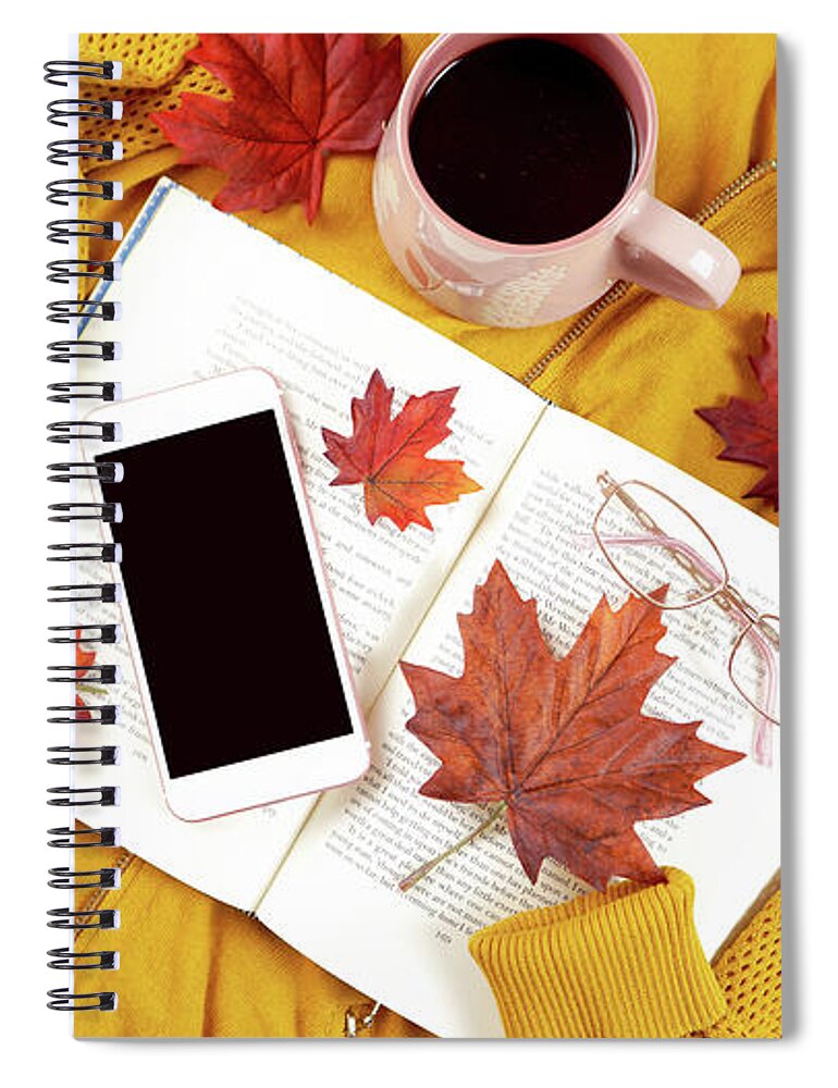 Autumn Spiral Notebook featuring the photograph Autumn Fall Thanksgiving hygge flatlay with sweater, reading glasses and book. by Milleflore Images
