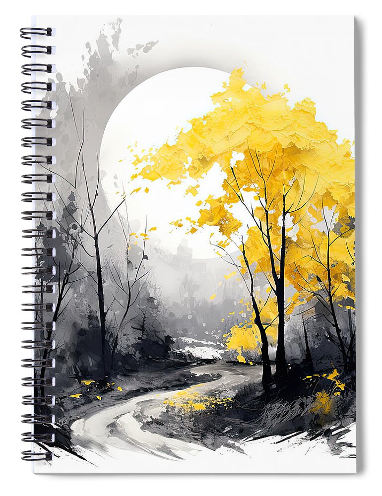 Yellow Spiral Notebook featuring the painting Autumn Forest under the Moon's Glow - Watercolor Autumn Art by Lourry Legarde