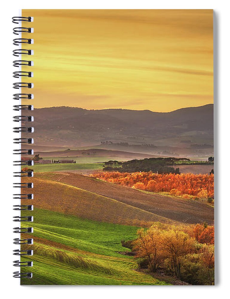 Autumn Spiral Notebook featuring the photograph Autumn in Tuscany, rolling hills and woods. Santa Luce by Stefano Orazzini