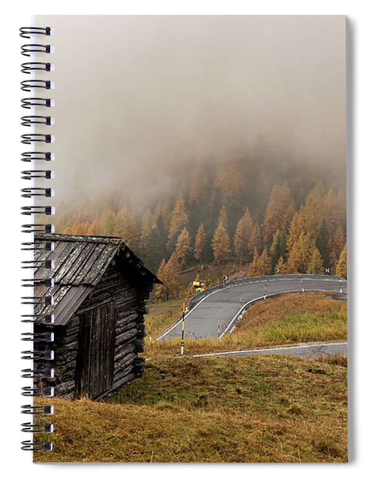 Passo Gardena Spiral Notebook featuring the photograph Autumn landscape with wooden chalet dolomiti Italian Apls by Michalakis Ppalis