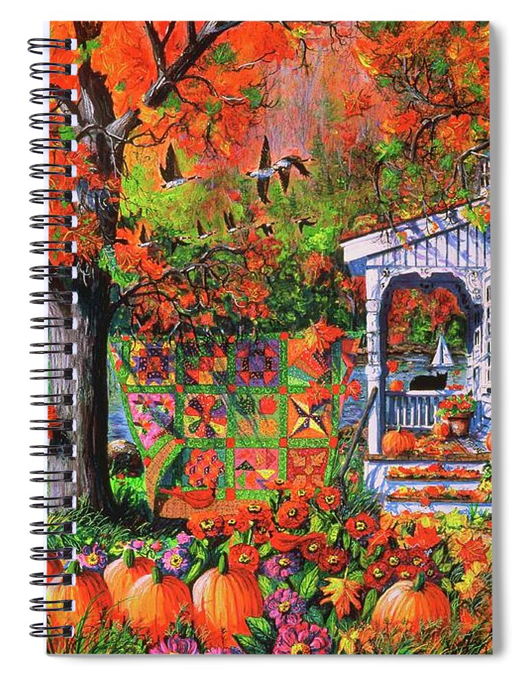 Autumn Landscape With Autumn Patchwork Quilt Spiral Notebook featuring the painting Autumn Patchwork Quilt by Diane Phalen