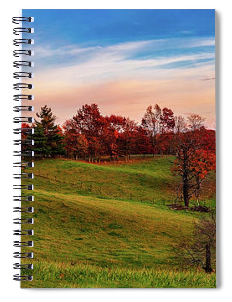 Fall Spiral Notebook featuring the photograph Autumn Red Trees and Red Barn Panorama by Dan Carmichael