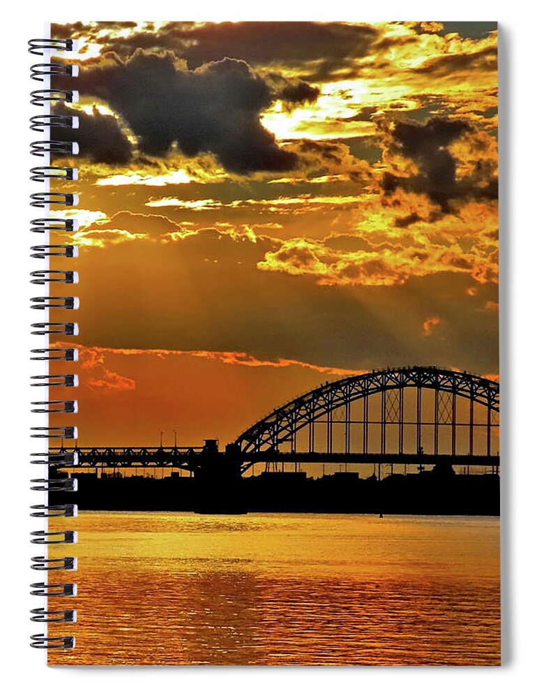 Sunset Spiral Notebook featuring the photograph Autumn Sunset Behind Tacony-Palmyra Bridge on the Delaware by Linda Stern