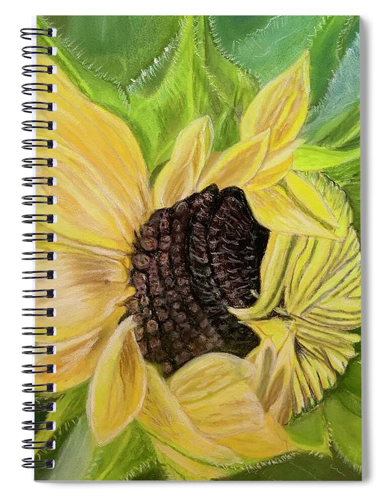 Opening Sunflower Spiral Notebook featuring the pastel Awakening by Juliette Becker