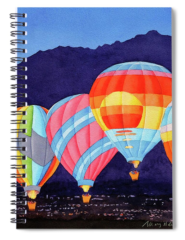 Balloons Spiral Notebook featuring the painting Balloons over Palm Springs at Night by Mary Helmreich