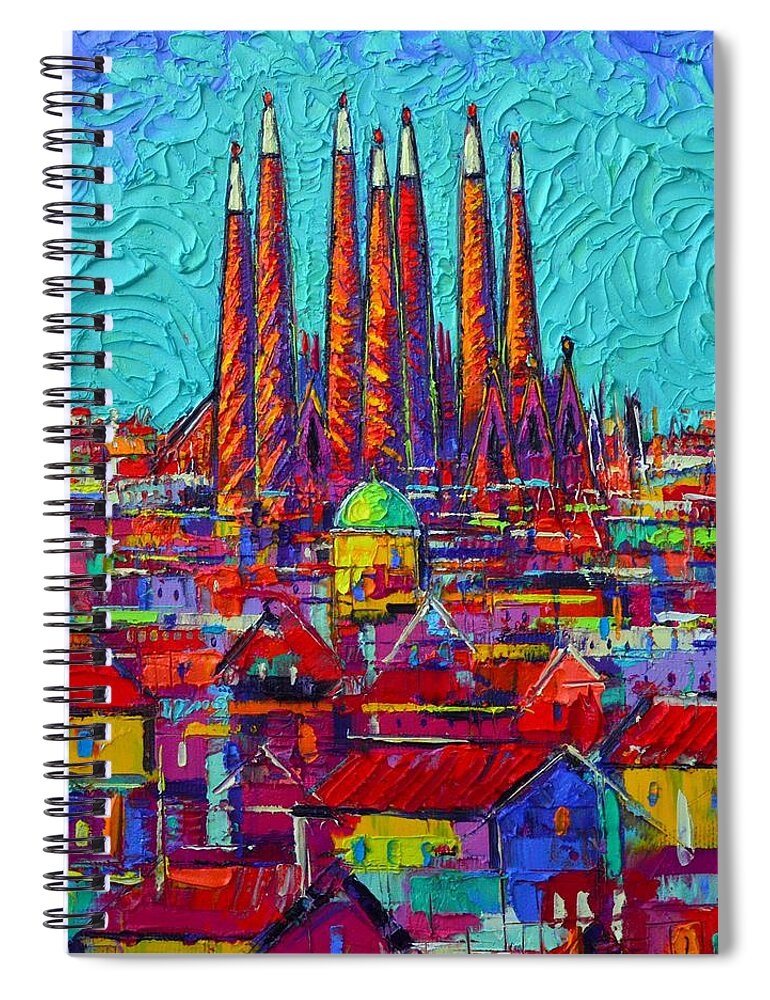 Barcelona Spiral Notebook featuring the painting Barcelona Abstract Cityscape - Sagrada Familia by Ana Maria Edulescu