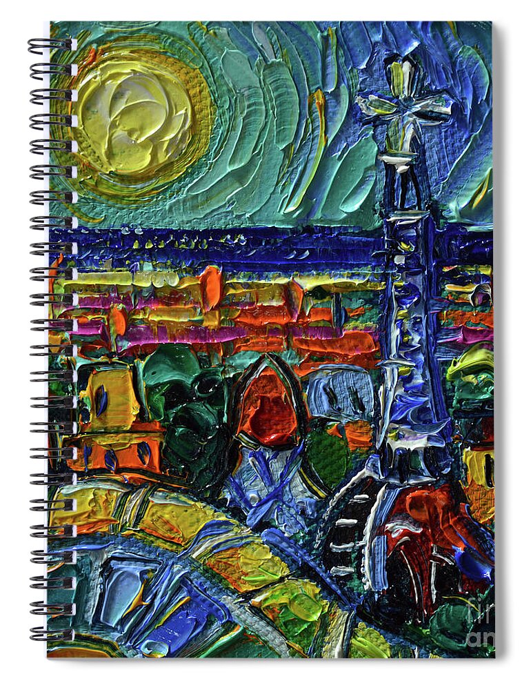 Barcelona Rooftops View From Park Guell Spiral Notebook featuring the painting BARCELONA ROOFTOPS VIEW FROM PARK GUELL miniature oil painting on 3D canvas Mona Edulesco by Mona Edulesco