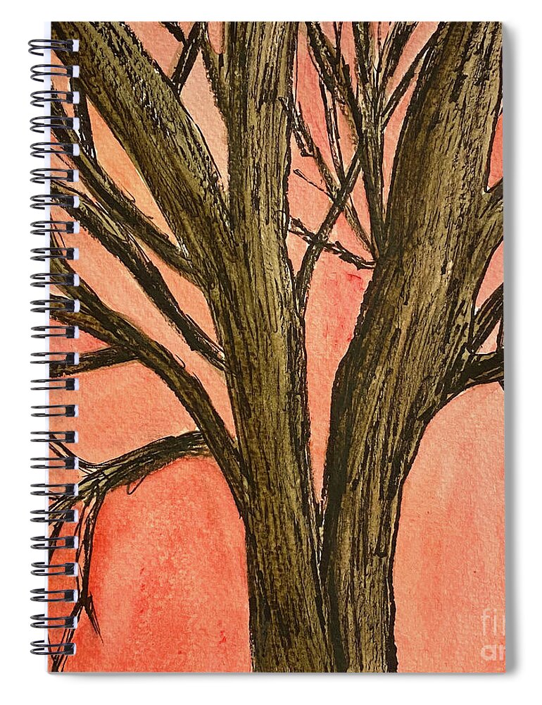 Tree Spiral Notebook featuring the mixed media Bare Tree Sunset by Lisa Neuman