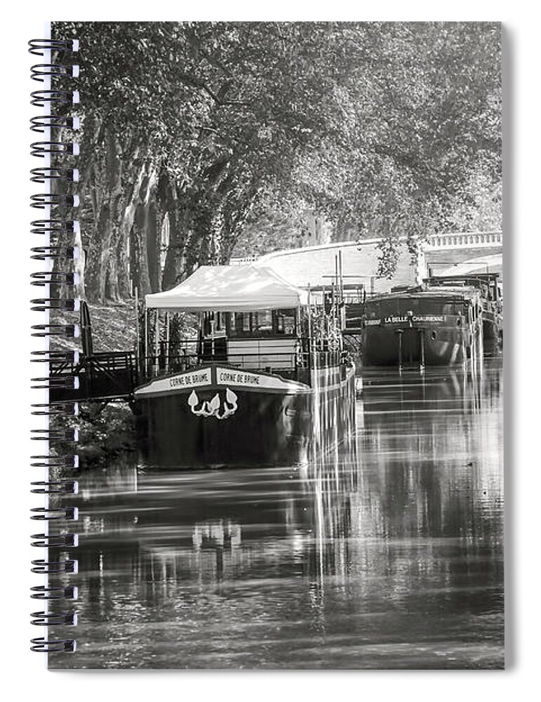 Toulouse Spiral Notebook featuring the photograph Barges on Canal de Brienne Toulouse France Black and White by Carol Japp