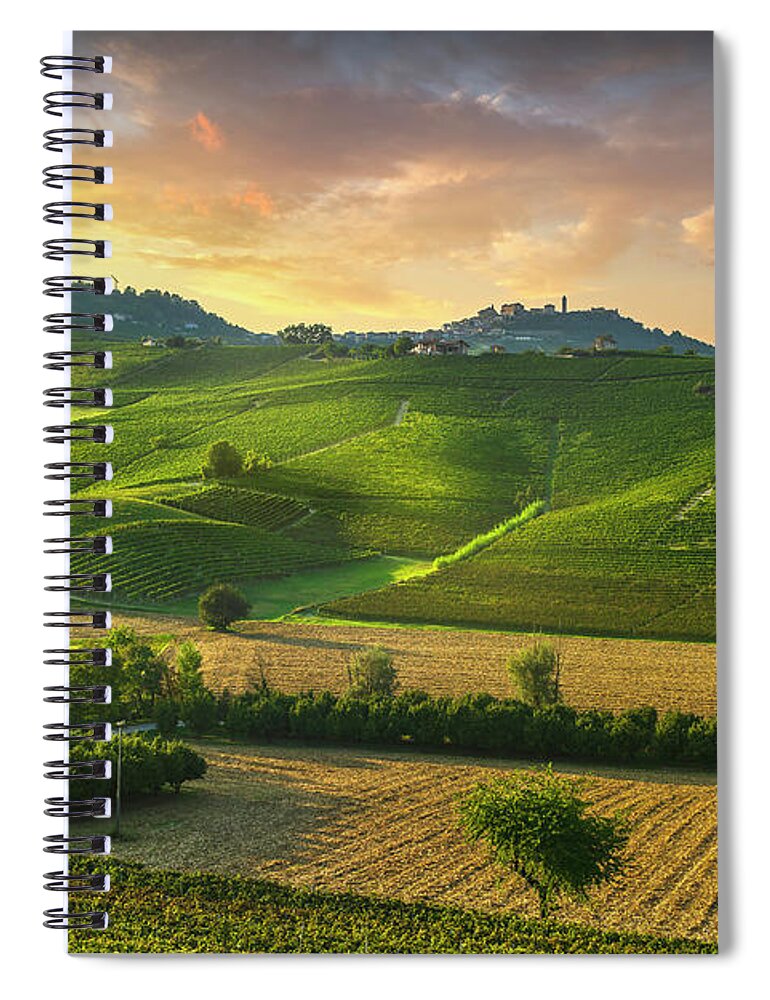 Vineyards Spiral Notebook featuring the photograph Barolo wine vineyards and La Morra town. Langhe, Italy by Stefano Orazzini