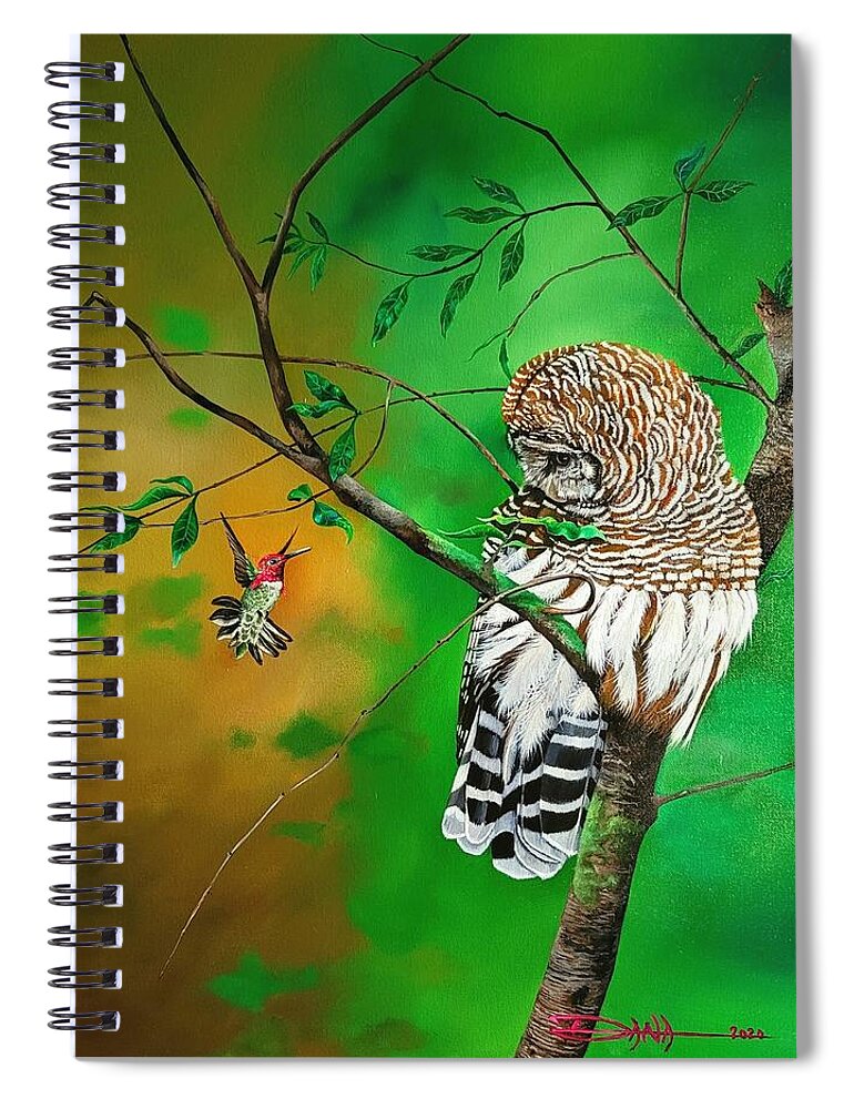 Birds Spiral Notebook featuring the painting Barred Owl and Anna's hummingbird by Dana Newman