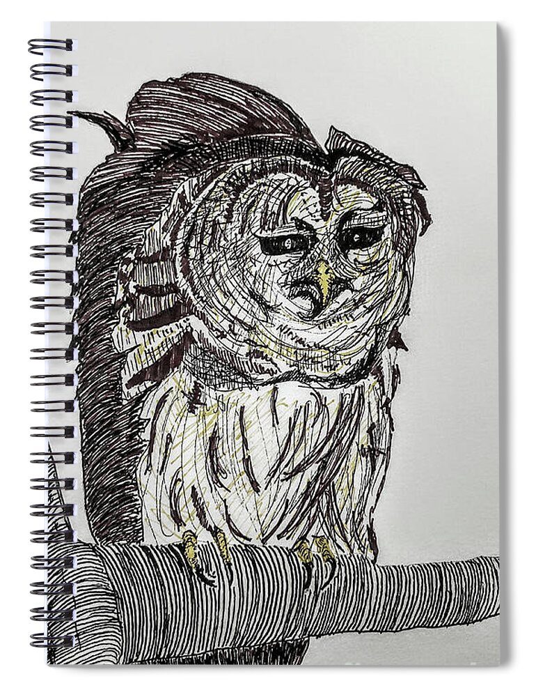 Hooting Spiral Notebook featuring the drawing Barred Owl by Mary Capriole