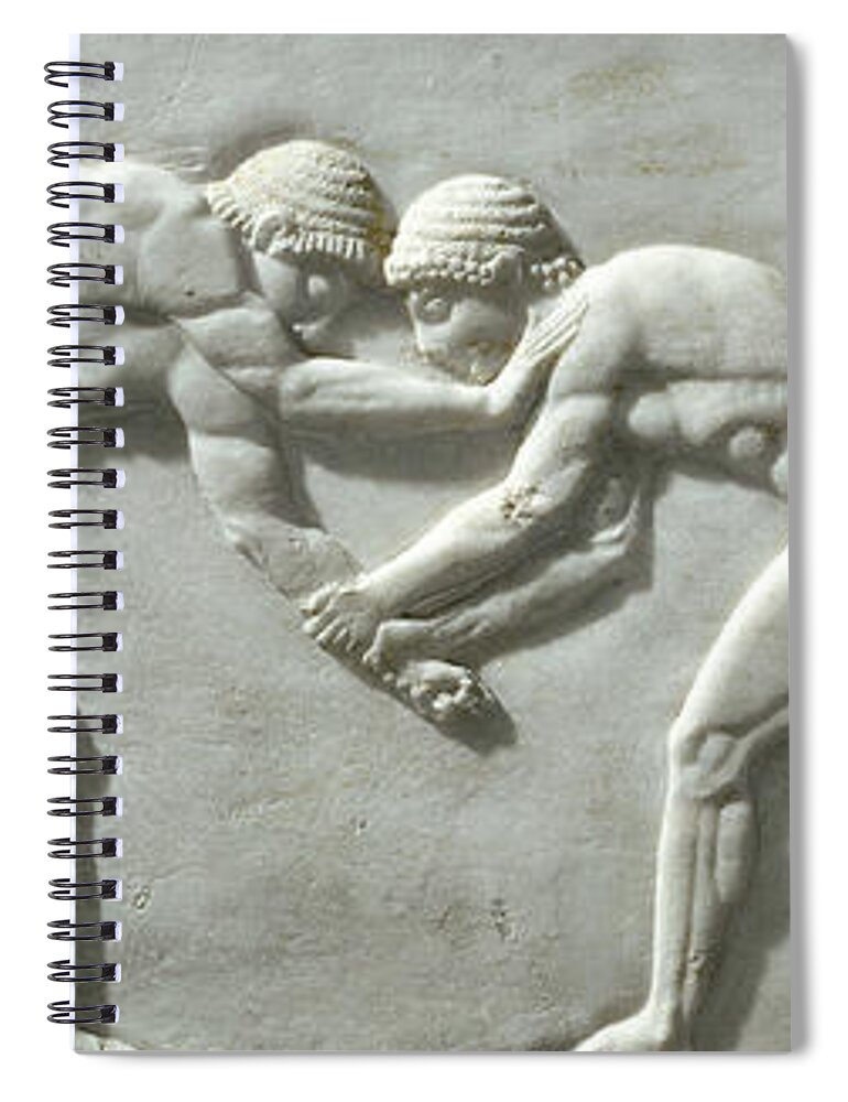 Wrestle Spiral Notebook featuring the sculpture Base of a kouros statue, fighting wrestlers by Greek School