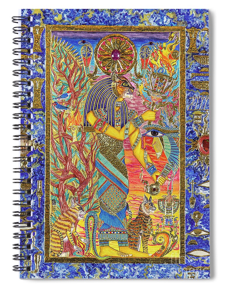 Bast Spiral Notebook featuring the mixed media Bast the Light Bringer by Ptahmassu Nofra-Uaa