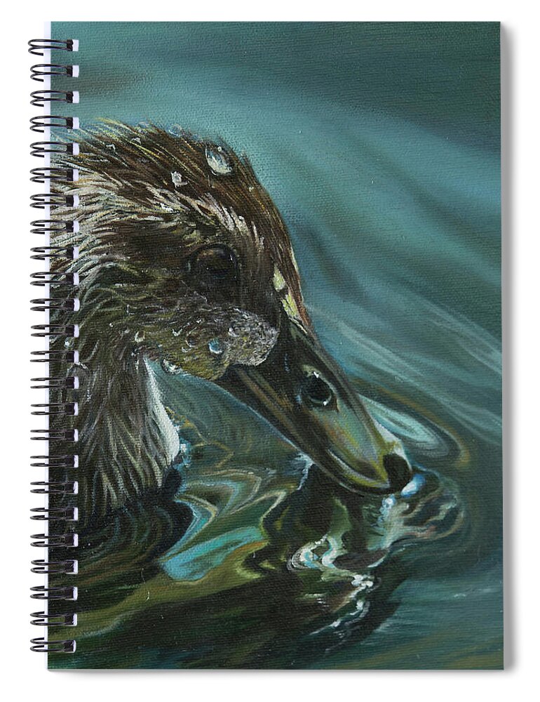 #duck #bathing #water #lake #ducks #droplets #nature #landscape #swim #blue #brown #feathers Spiral Notebook featuring the painting Bathing Duckline by Stella Marin